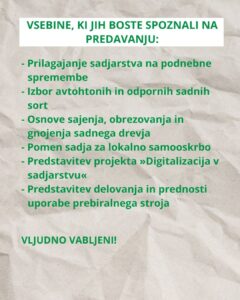 Vabljeni na predavanje o sadjarstvu, izboru avtohtonih sort in prilagajanju na podnebne spremembe