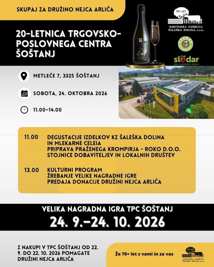 Skupaj za družino Nejca Arliča – dobrodelna akcija v TPC Šoštanj od 22. septembra do 22. oktobra 2026.