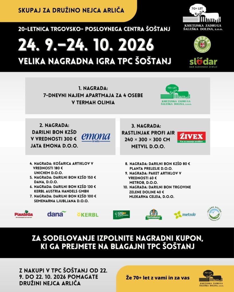 Deset nagrad velike nagradne igre TPC Šoštanj. Glavna nagrada je 7-dnevni najem apartmaja za 4 osebe v Termah Olimia.