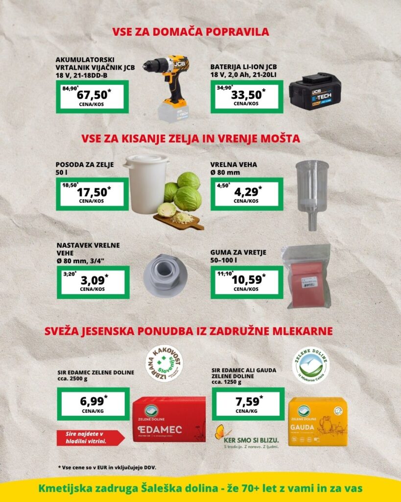 Vrtalnik in baterija JCB, pripomočki za kisanje zelja in vrenje mošta ter siri Zelene doline.