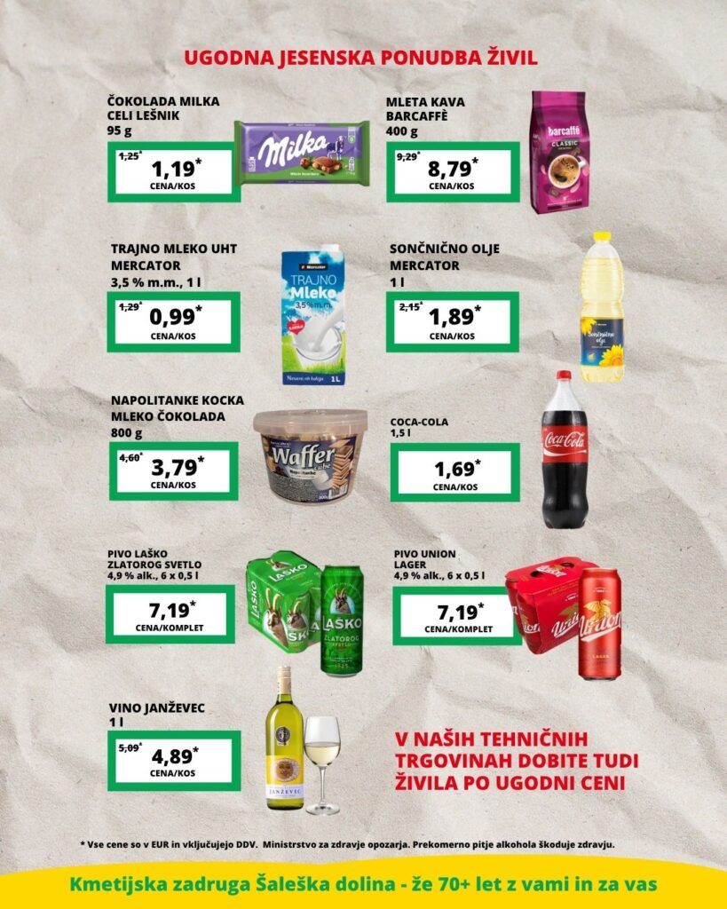 Oktobrska ponudba čokolade, kave, mleka, olja, napolitank in pijač v KZ Šaleška dolina.