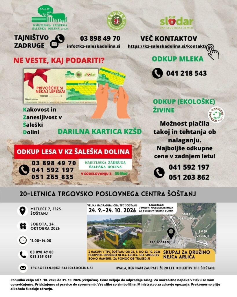 Kontakti KZ Šaleška dolina, darilna kartica, odkup lesa, mleka in živine ter 20-letnica TPC Šoštanj.